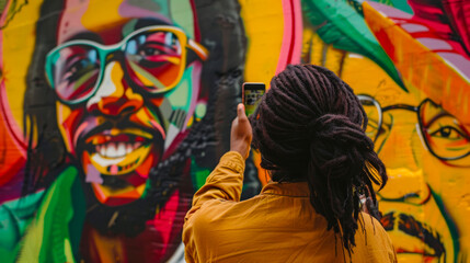Fototapeta na wymiar Person with dreadlocks photographing street art mural