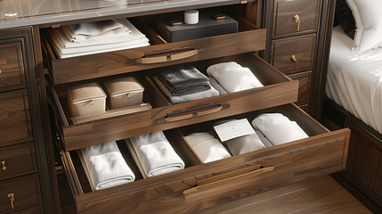Organized wooden dresser drawers with neatly folded linens and towels for home organization concept.