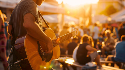 Musician playing guitar at sunset in a summer music festival