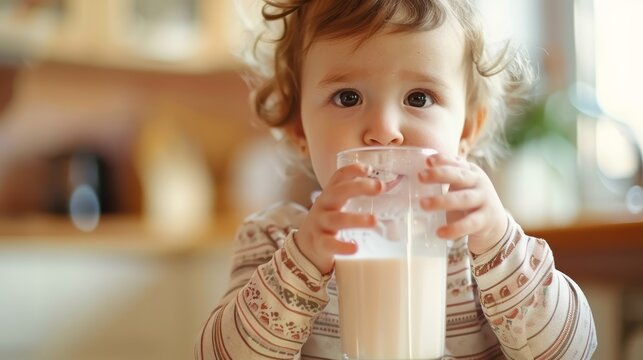 Little girl holding a glass of milk. Indoor casual portrait. Healthy kids lifestyle and growth concept.