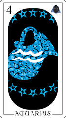 Aquarius. Design for a tarot card with a light blue vase surrounded by stars and the number four.