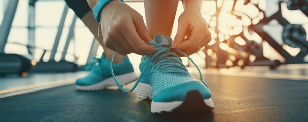 Person tying shoelaces on blue running shoes in a gym setting. Close-up shot with gym equipment background - obrazy, fototapety, plakaty