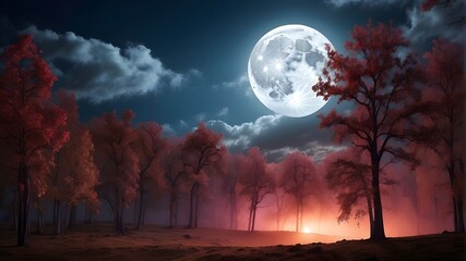 natural phenomenon explained by science. Full moon eclipse illuminating the wooded sky. - obrazy, fototapety, plakaty