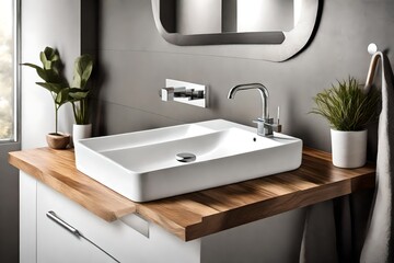 A white rectangular sink with a chrome faucet installed on a wood countertop in a bathroom