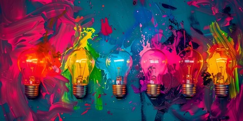 A row of colorful light bulbs are surrounded by splatters of paint - obrazy, fototapety, plakaty