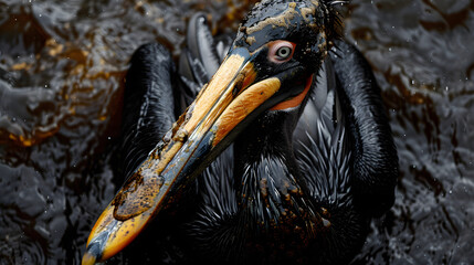 An oil spill affecting marine life, a pelican covered in oil