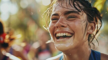 Close-up of a smiling woman with wet hair and skin, sunlit summer joy concept. Joyful outdoor water event