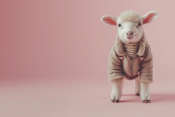 A baby sheep, adorned in a diminutive pilot suit, stands upright, smiling broadly. Its background fades into a serene pastel hue, offering ample negative space for advertisements. - obrazy, fototapety, plakaty