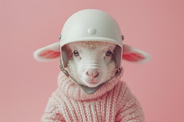 A baby sheep dons an engineer helmet, poised confidently in a studio setup, facing challenges head-on. Surrounded by soft pastel hues, the scene adheres to the rule of thirds, blending innocence with - obrazy, fototapety, plakaty