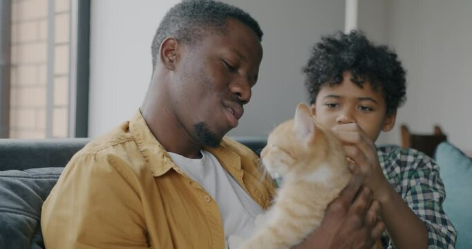 Father and son playing with cat enjoying family time with adorable domestic animal in apartment. Lovely pet and happy people concept.