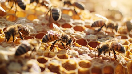 Honeybees working on honeycomb. Macro shot of apiary life. Beekeeping and nature conservation concept.