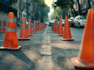 Driving school training zone, city street with orange traffic cones, practical driving test preparation