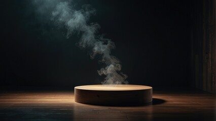 Ethereal Wooden  Podium Dark Abstract Backdrop with Floating Smoke, Spotlight Illumination