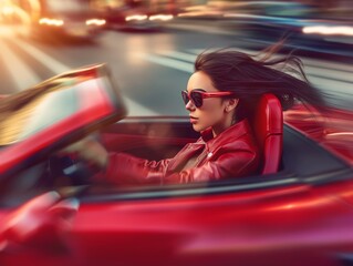 Female driver in convertible racing through illuminated city streets, high-speed night drive