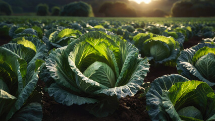 Cabbage plants grow in a field under the rays of the sun, producing organic vegetables and eco-friendly products. Generated with AI