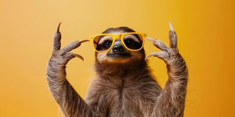 A sloth wearing sunglasses and holding its hands up - obrazy, fototapety, plakaty