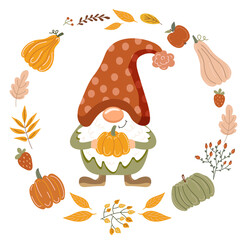 Funny gnome with a pumpkin. Vector illustration