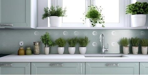 Fototapeta na wymiar A kitchen with a white sink and a green countertop