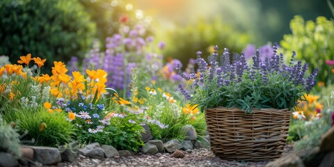 Fototapeta premium Beautiful garden with flowers and sunshine.