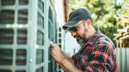 Technician is checking outdoor air conditioner unit