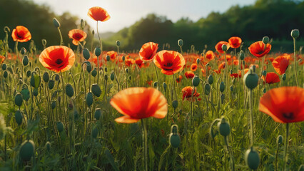 Beautiful poppies flower on the field. Generated with AI
