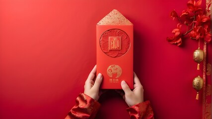 A red background with an isolated red hand clutching a red envelope in a vertical manner. Wedding red packet, Hongbao packet for lucky money gift in Chinese lunar calendar, and new year in January - obrazy, fototapety, plakaty