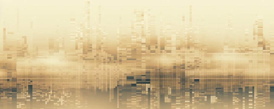 Beige animation of glitched looping binary codes over fog-covered background pattern banner with copy space 