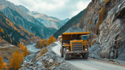 Rock transportation by dump trucks. Large quarry yellow truck. Transport industry. Mining truck is driving along a mountain road