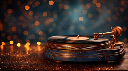 Vintage turntable on bokeh background. Music concept