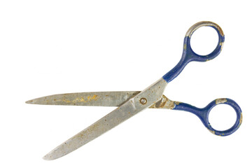 Old metal scissors on white background