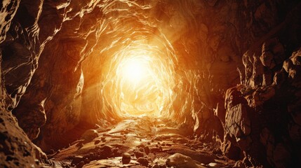 Underground mining, tunnel in the rock. There is a bright light at the end of the tunnel - obrazy, fototapety, plakaty