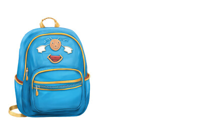 Concept for back to school. School bus with kids. Backpack with stationery items