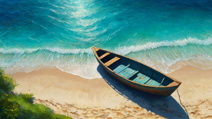 Wooden boat on a tropical beach. Generated with AI
