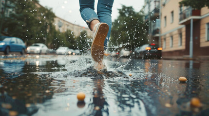 female is splashing water in a puddle on a rainy day in the city. Legs in puddle