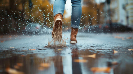 Fototapeta premium female is splashing water in a puddle on a rainy day in the city. Legs in puddle