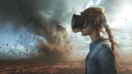 A female is in a virtual fantasy world of close contact with twister funnel when wearing VR headset. - obrazy, fototapety, plakaty