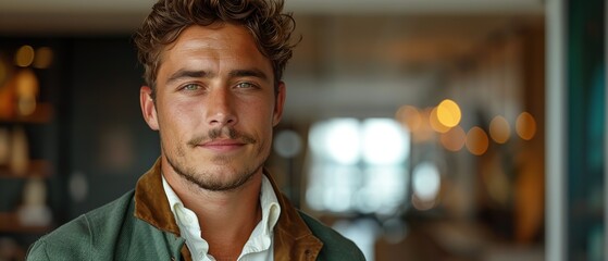 Portrait of a handsome young man in a cafe. Men's beauty, fashion. - obrazy, fototapety, plakaty