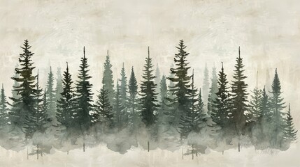 Creative illustration of a series of pine trees with an emphasis on the verticality and layering of foliage, using a limited color scheme to evoke a sense of depth and natural rhythm.