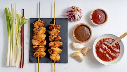 Top view of meat on the grill, chicken satay skewers topped with sauce. Generated with AI