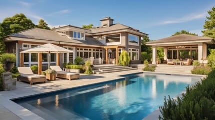 Mediterranean inspired villa with a sprawling garden and a private beach access in the exclusive Hamptons, New York