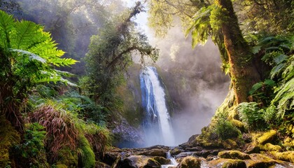 Naklejka na ściany i meble Misty enchanted waterfall in rainforest. Generated with AI