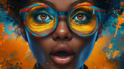 Vibrant portrait of a woman with colorful sunglasses reflecting a sunset, against a splattered...