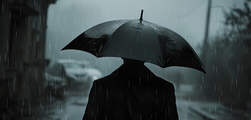A man is walking in the rain with an umbrella