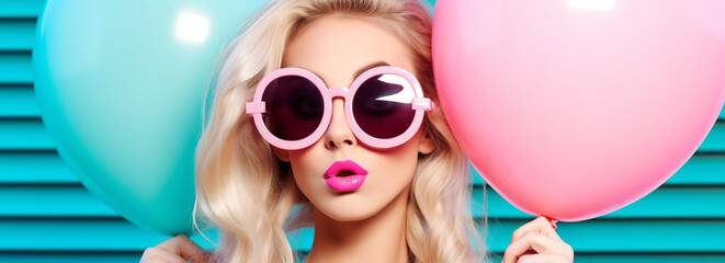 Creative fashion banner with beautiful blond woman in sunglasses with pouty lips. Pink balloons on...