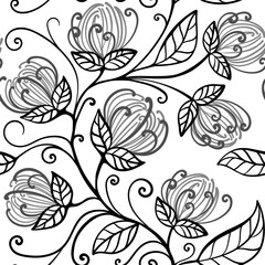 Abstract outlined leaves and branches seamless pattern. Vector foliage silhouettes. Natural organic ornament with black branches. Botanical seamless background 