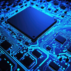Technology circuit board background illuminated by soft blue light. Generated with AI
