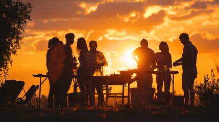 Fototapeta na wymiar silhouette of Happy adult friends barbecuing at sunset party in park