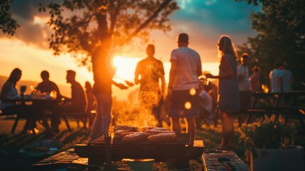 silhouette of Happy adult friends barbecuing at sunset party in park