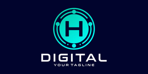 letter H technology logo. Digital font vector design for industry with circuit circles and dots, for digital, technology,data