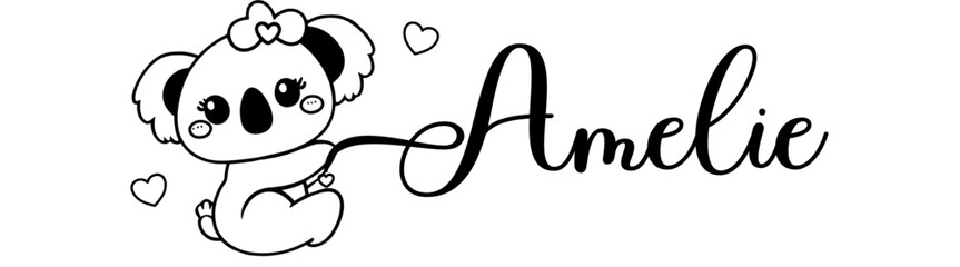 Amelie - black color - name written - Word with Koala kawaii for websites, baby shower, greetings, banners, cards-shirt, sweatshirt, prints, cricut, silhouette, sublimation